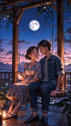 a man and woman sitting on a porch swing at night with the moon in the background