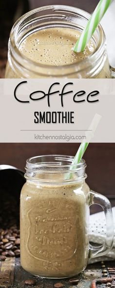 coffee smoothie in a mason jar with two straws