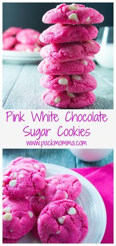 pink white chocolate sugar cookies are stacked on top of each other, and the bottom one is