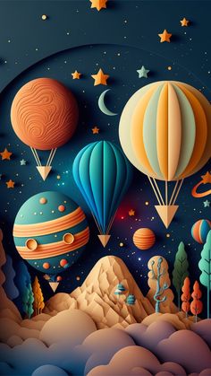 an image of hot air balloons flying in the night sky with stars and planets on it