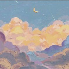 an oil painting of clouds and a moon in the sky with a kite flying overhead