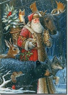 a painting of santa claus and his reindeers in the snow