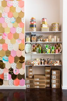 the shelves are filled with different types of confections