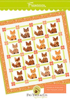 an orange and green quilt with foxes on it