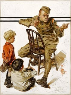 an illustration of a man sitting in a chair next to two small children on the ground