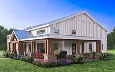 this is a computer rendering of a modern farmhouse style home with porches and covered patio