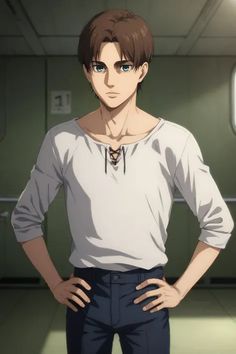 an anime character standing with his hands on his hips and looking at the camera while wearing a white shirt