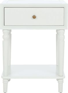 a white table with two drawers and one drawer on the bottom, sitting against a white background