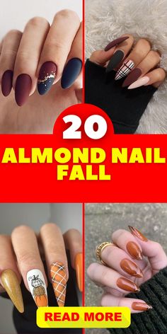 This season, flaunt trendy and classy almond nail fall designs. Whether you prefer short and cute or long and sophisticated, our range has the perfect style for you.Discover a world of beauty with almond nail fall designs. With a variety of colors from dark to small, you can express your love for autumn in style. Fall Season Nails Design, Fall Acrylic Nails Ideas Almond, Fall Color Almond Shape Nails, Almond November Nails, Cute Fall Nail Ideas Almond, Simple Fall Nails Almond Shape, Designs On Almond Nails, November Nails Almond Shape