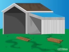 an illustration of a garage with two wooden boards in the foreground and a shed on the far side