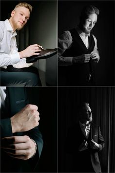 four different shots of a man in a tuxedo holding a suit and tie