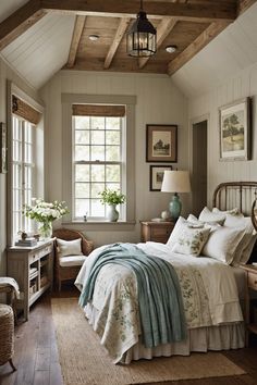 a bedroom with a bed, dresser and lamp in it's centerpieces