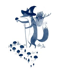 a drawing of a fox holding a basket full of mushrooms