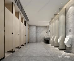 an empty public restroom with urinals and sinks on the wall, surrounded by glass partitions