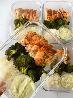 three plastic containers filled with chicken, rice and broccoli covered in sauces