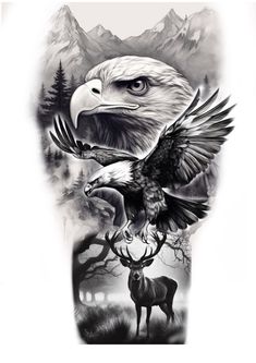 an eagle and deer with mountains in the background is shown on this sleeve tattoo design