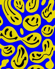 a blue and yellow background with smiley faces in the shape of eyes, lips, and hands