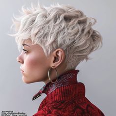 45 Stylish Short Wavy Hairstyles White Hair Pixie Cut, Short Hairstyles For White Hair, Short Pixie Wavy Hair, Short Hair Big Earrings, Short Platinum Blonde Hair Pixie, Short Wavy Pixie Haircut, Undercut Pixie Edgy Over 50, Short White Blonde Hair, Edgy Blonde Hair Grunge