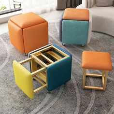 four different colored stools and tables in a living room with carpeted flooring