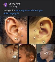 four pictures of different types of piercings on the side of her ear and behind her ear