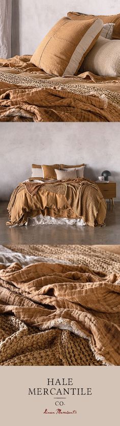 Composite of three images featuring a bed adorned with pure linen in shades of burnt toffee and muted sandy neutrals against a mottled grey wall. Aesthetic Decor Ideas, Pure Linen Bedding, Decorating Bedroom, Aesthetic Decor, Decor For Bedroom, Trendy Decor, Bedroom Aesthetic, Boho Bedroom, Dream Bedroom