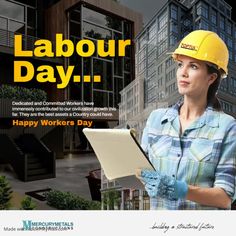 a woman in hardhat holding a clipboard with labor day written on the side