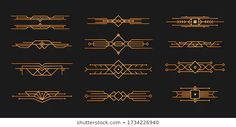 a set of golden lines on a black background, in the style of art deco