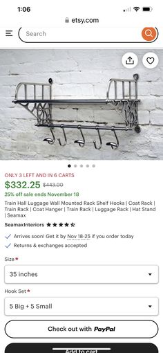 an image of a metal rack with hooks on it and the price is $ 3 25 each