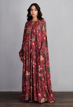 Torani-Garnet Red Sanobar Amrut Maxi Dress-INDIASPOPUP.COM Shirts For Women Pakistani, Long Shirts For Women Pakistani, Printed Maxi Dress Indian, Indian Dress Designs, Long Shirts For Women, Long Blue Maxi Dress, Silk Printed Dress, Outfit Patterns, Indian Mythology