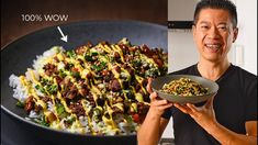 a man holding a plate with food in it next to an image of the same dish