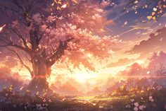 the sun shines brightly behind a tree with pink flowers on it, in front of a sunset sky