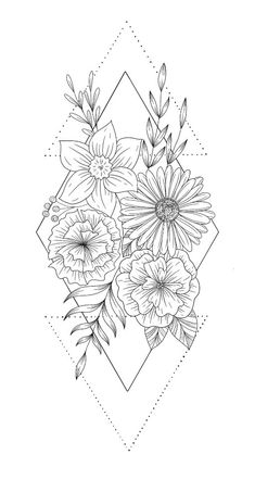 a black and white drawing of flowers on a diamond shaped paper with diamonds in the background