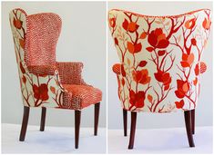 two chairs with red flowers on them, one is made out of fabric and the other has