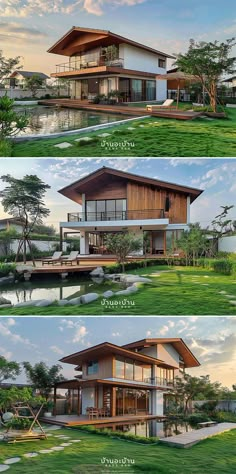 three different views of a house in the grass