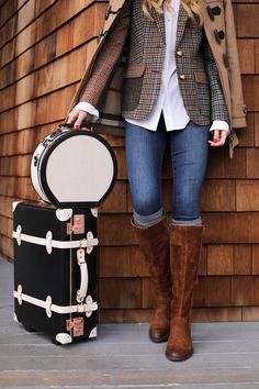 FALL BOOT WEEK // ALL OF MY FAVORITES | Atlantic-Pacific Blair Eadie, Atlantic Pacific, Preppy Plaid, Country Fashion, Thanksgiving Outfit, Boots Fall, 가을 패션, Plaid Blazer, Suitcases