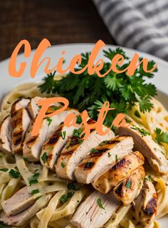 chicken pasta on a plate with parsley garnish and the words chicken pest over it