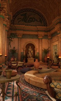 an ornately decorated living room with couches, tables and vases in it