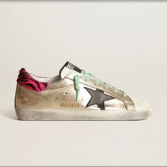 Gold Super-Star Sneakers With Zebra-Print Heel Tab Zebra Print Heels, Shoes Golden Goose, Goose Sneakers, Goose Shoes, Golden Goose Sneakers, Golden Goose Shoes, Star Sneakers, Super Star, Golden Goose