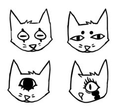 four cats with different faces drawn in black and white