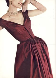 Fashion Designs by Nettie Rosenstein in the 1940s and ’50s ~ Vintage Everyday Red Dp, 1940s Evening Dresses, Nettie Rosenstein, Birthday Glam, Red Silk Dress, Making Clothing, Taffeta Dress, 1940s Dresses, Red Lace Dress