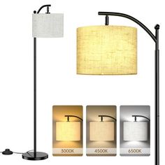 the floor lamp is shown with four different colors and sizes, including white linen shade