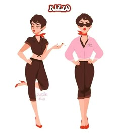 two women dressed in retro clothing, one is wearing sunglasses and the other has a pink shirt