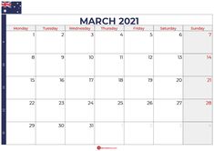 march calendar with the flag of australia in red, white and blue on an orange background