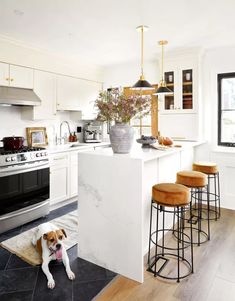 a dog laying on the floor in a kitchen next to an island with stools