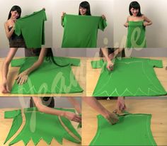 a woman is making a dress out of green paper