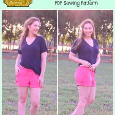 two pictures of a woman in pink shorts and a black shirt with the words sewing pattern on it