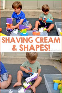 two boys sitting on the ground playing with toys and text that reads shaving cream & shapes