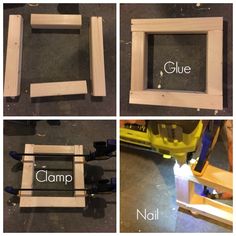 four different frames with the words clamp and glue placed in them to make it look like they are made out of plywood