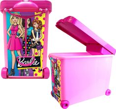 a pink lunch box with barbie dolls on the front and sides, sitting next to a plastic container