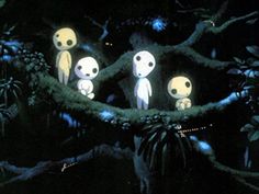 an animated scene with five little people sitting on a tree branch in the middle of the night